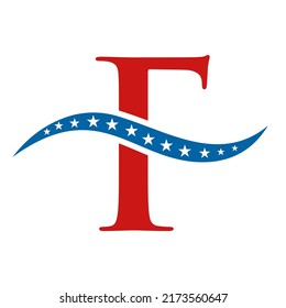 Letter F America Logo USA Flag. Patriotic American Business Logo Design On Letter F Template