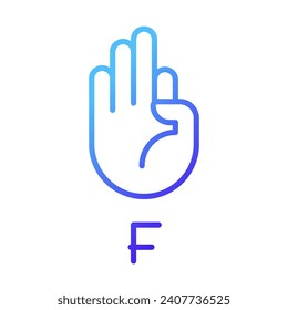 Letter F in American sign language pixel perfect gradient linear vector icon. Nonverbal communication. Thin line color symbol. Modern style pictogram. Vector isolated outline drawing