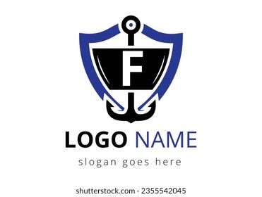 letter F with Anchor Logo Design Template. Marine, Sailing Boat Logo
