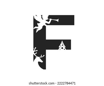 letter f with angel, deer and christmas tree. text element for Christmas and New Year design. isolated vector image