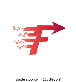 Letra f arrow con logotipo digital de píxeles