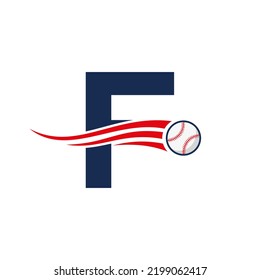 Letter F Baseball Logo Concept With Moving Baseball Icon Vector Template