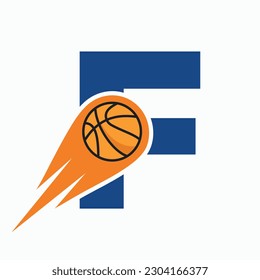 Letra F Concepto De Logo De Baloncesto Con Icono De Baloncesto En Movimiento. Símbolo de logotipo de bolas de cesta