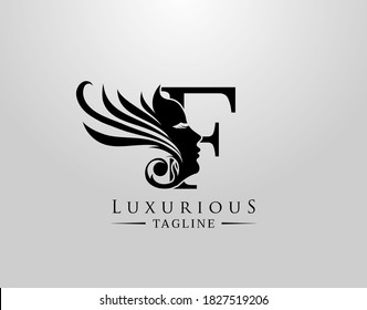Letter F with Beauty Face. Luxury Logo. Alphabetical Symbol for wedding, greeting cards, invitations, salon, spa, template design.