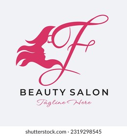 Carta F Diseño De Logotipo Salón De Belleza, Mujer Hermosa Icono De Cuidado Del Pelo