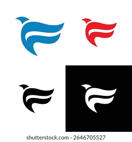 Letter F with Bird for Flap Free Flock Freedom Fly Flying Flight Feathers logo design, Minimal Logo branding design.