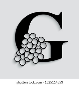 letter F. Black flower alphabet.  Beautiful capital letters.