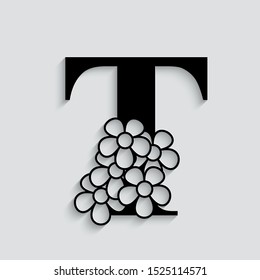 letter F. Black flower alphabet.  Beautiful capital letters.