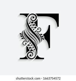 letter F. Black flower alphabet.  Beautiful capital letter with shadow