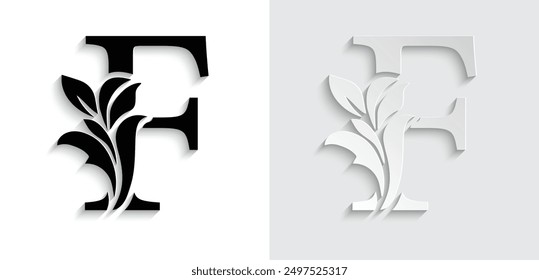 letter F Black flower alphabet. Beautiful capital letters with shadow