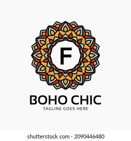 letter F boho chic round decoration vintage color mandala vector logo design element