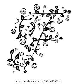 Letter F with botanical elements. Monogram arrangement. Vector floral letter design. Letter with Flowers and Branches. Composition for card, invitation, save the date, logo, business style.