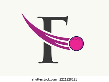 Letter F Bowling Logo. Bowling Ball Symbol With Moving Ball Vector Template
