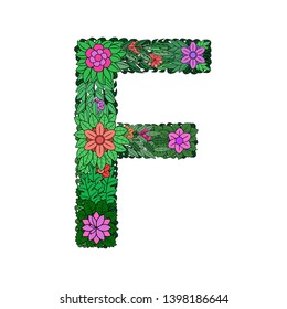 The letter F -  bright element of the colorful floral alphabet on a white background. Made from flowers, twigs and leaves. Floral spring ABC element in vector.