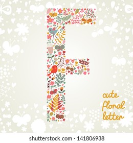 The letter F. Bright floral element of colorful alphabet made ??from birds, flowers, petals, hearts and twigs. Summer floral ABC element in vector