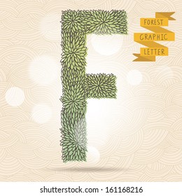 The letter F. Bright floral element of stylish alphabet made leafs. Summer floral ABC element in vector on bright background with bokeh effect