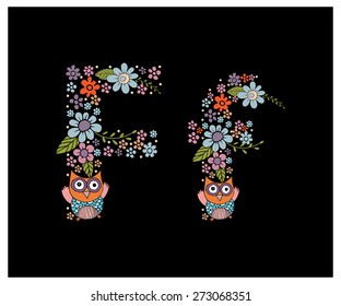 The letter F. Bright floral element of colorful alphabet Owl, flowers, and twigs. floral ABC element in vector