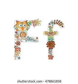 The letter F. Bright floral element of colorful alphabet Owl, flowers, and twigs. floral ABC element in vector