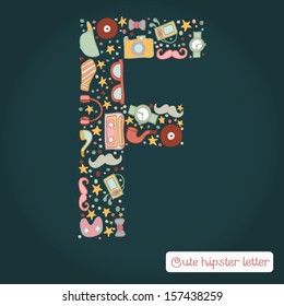 The letter F. Bright hipster element of colorful alphabet made! Hipster ABC element in vector. Vector hipster glasses, camera, a tie, the player, hat, mustache, pipe.
