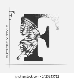 Letter F with butterfly silhouette. Monarch wing butterfly logo template isolated on white background. Calligraphic hand drawn lettering design. Alphabet concept. Monogram vector illustration. EPS 10