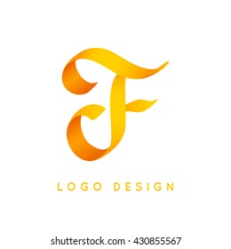 Letter "F" calligraphic logo sign. Colorful ribbon.