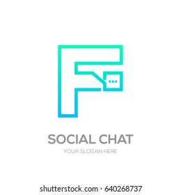Letter F with Chat logo line shape, Social Talk, Social media, Abstract speak, Square speech logotype