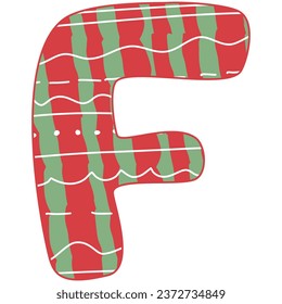the letter F, Christmas alphabet, red and green color with white line and dot, hand drawn, isolate on white background, letters xmas illustration