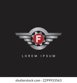letter F with circle initial shield with wings logo design