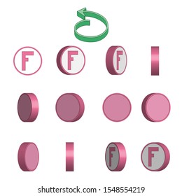 Letter F in circle rotation sequence sprite sheet on white background. Vector illustration.