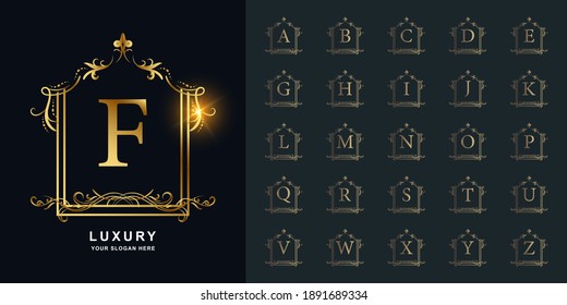 Letter F or collection initial alphabet with luxury ornament floral frame golden logo template.