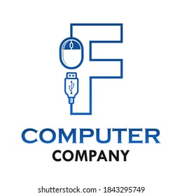 Letra f con la ilustración de la plantilla del logotipo del mouse del equipo.