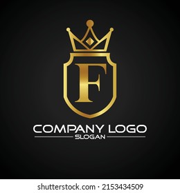 Letter f crest logo Alphabet logotype shield crown gold vector design