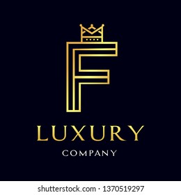 Letter F crown vector logo template. Design with gold color. Suitable for kingdom, fashion, font, alphabet. Vintage style.