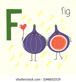 Letter F with cute cartoon fig. Vector alphabet.