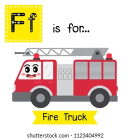 Letter F cute children colorful transportations ABC alphabet tracing flashcard of Fire Truck for kids learning English vocabulary Vector Illustration.