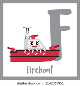 Letter F cute children colorful transportations ABC alphabet flashcard of Fireboat for kids learning English vocabulary Vector Illustration.