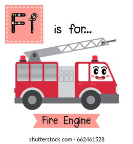 Letter F cute children colorful transportations ABC alphabet tracing flashcard of Fire Engine for kids learning English vocabulary Vector Illustration.