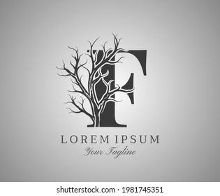 Letter F With Dead Tree Design Logo Icon. Creative Alphabetical Creepy Dry Tree Brach Nature Logo Template.