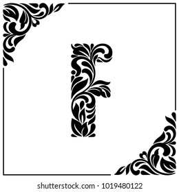 The letter F. Decorative Font with swirls and floral elements. Vintage style