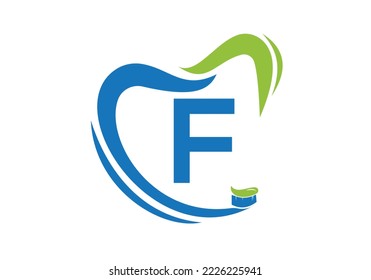 Letter F Dental Logo Design Template Inspiration With Tooth Brush Symbol , Vector Illustration