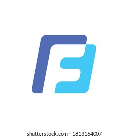 Letter F designed as a negative space created by overlapping two semi transparent rectangular layers, purple and blue.