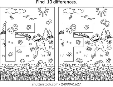 Letter F Differenz Spiel und Malvorlage. F steht für Frosch. F steht für Fisch. F steht für Blumen.
