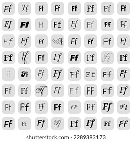 Letter F in different fonts on white background. Type design collection on grey buttons. Vector illustration.
