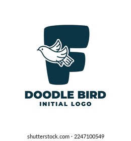 letter F doodle bird initial vector logo design illustration