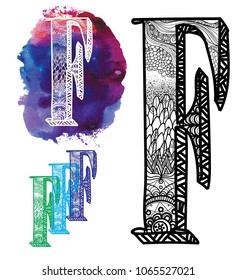 Letter F. Doodle drawing, mandala. Alphabet in the style of Doodle, letters of the alphabet. Drawing from the hands, points, waves, scales.