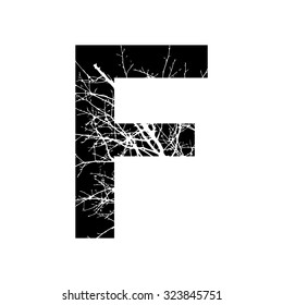  Letter F double exposure with white tree isolated on black background.Vector illustration.Black and white double exposure silhouette lettering combined with photograph of nature. Letters  alphabet.