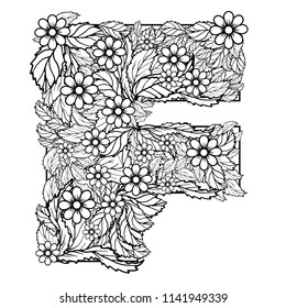 Letter F. Dudling drawing, mandala. Alphabet in the style of dudling, letters of the alphabet. Drawing from the branches of leaves, flowers.