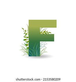 Letter F in eco style with leaves, twigs and grass. For logo, icon, banner etc. Vector.