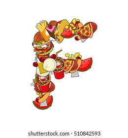 Letter F edible. Alphabet sign of food. Feed concept template elements ABC. Dish icon. Pizza and taco. Donuts and FAstfood. Hotdog and cookies. Baked turkey and watermelon. Pork and cake