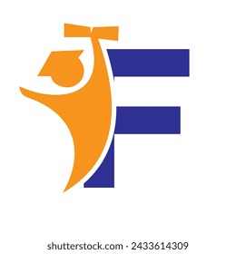 Letter F Education Logo Design. Graduation Symbol With Human Holding Graduation Paper Icon